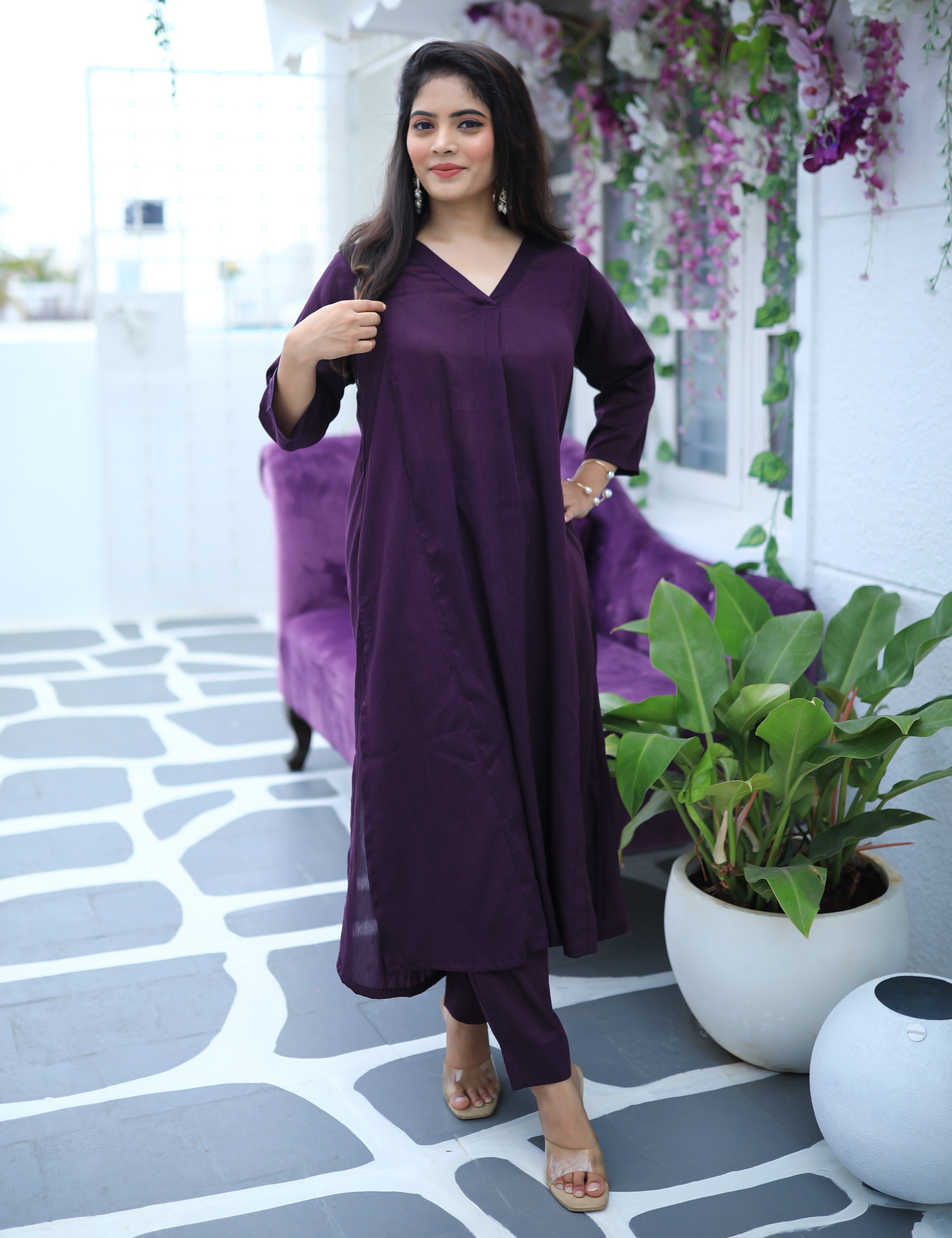 Solid Ethnic Embroidered Straight Fit Kurta - Eggplant Purple – FASHOR